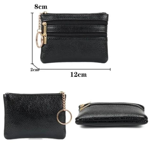 MONEDERO TRES BOLSILLOS, CARTERA DE CUERO CON DOS CREMALLERAS, MONEDERO PEQUEÑO, MINI TARJETERO