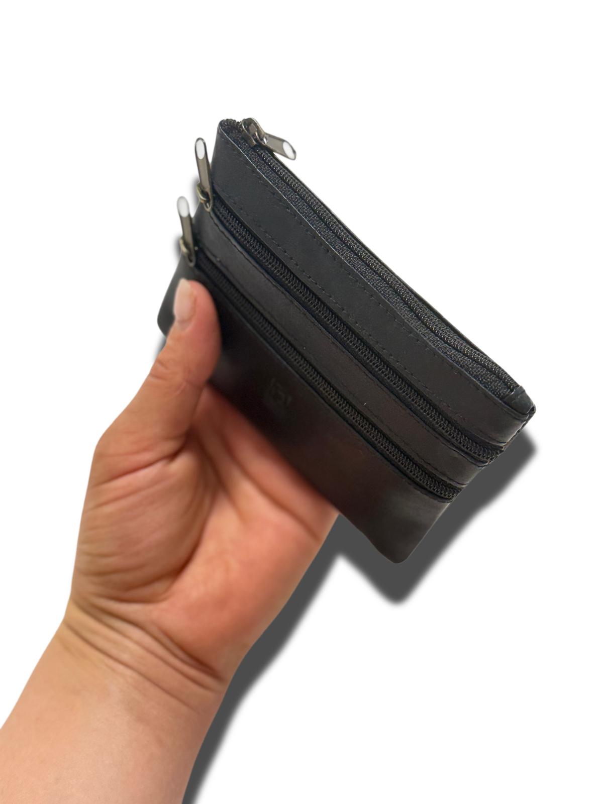 Monedero Tarjetero de Piel Plano Cuatro Cremalleras – Negro Clásico