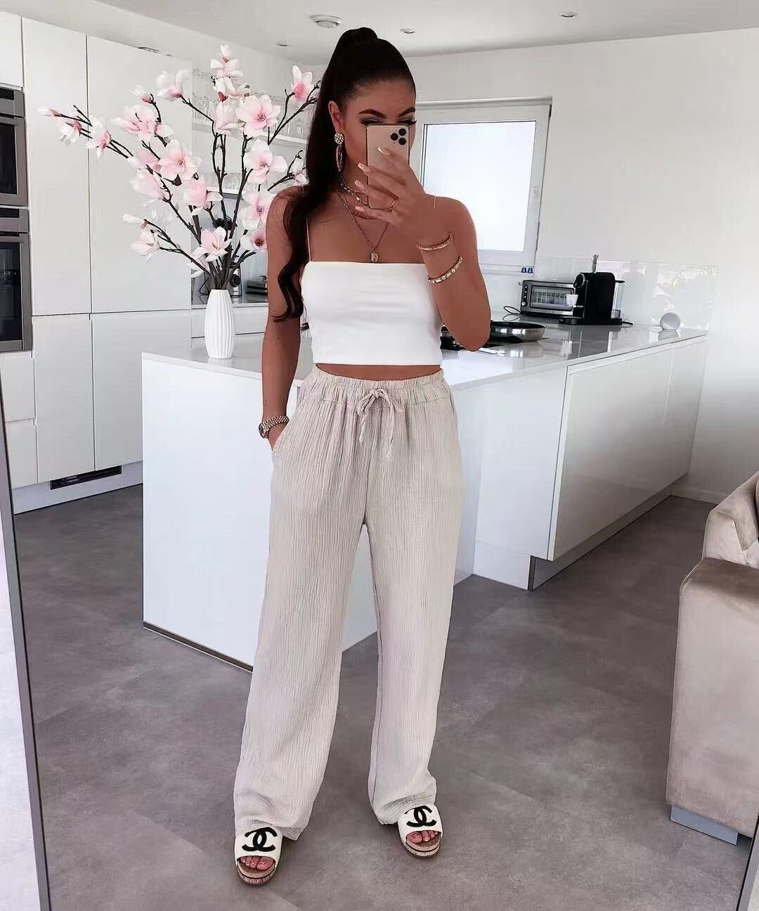 PANTALON DE GASA DE ALGODON CON CORDON Y CINTURA ELASTICA BEIGE