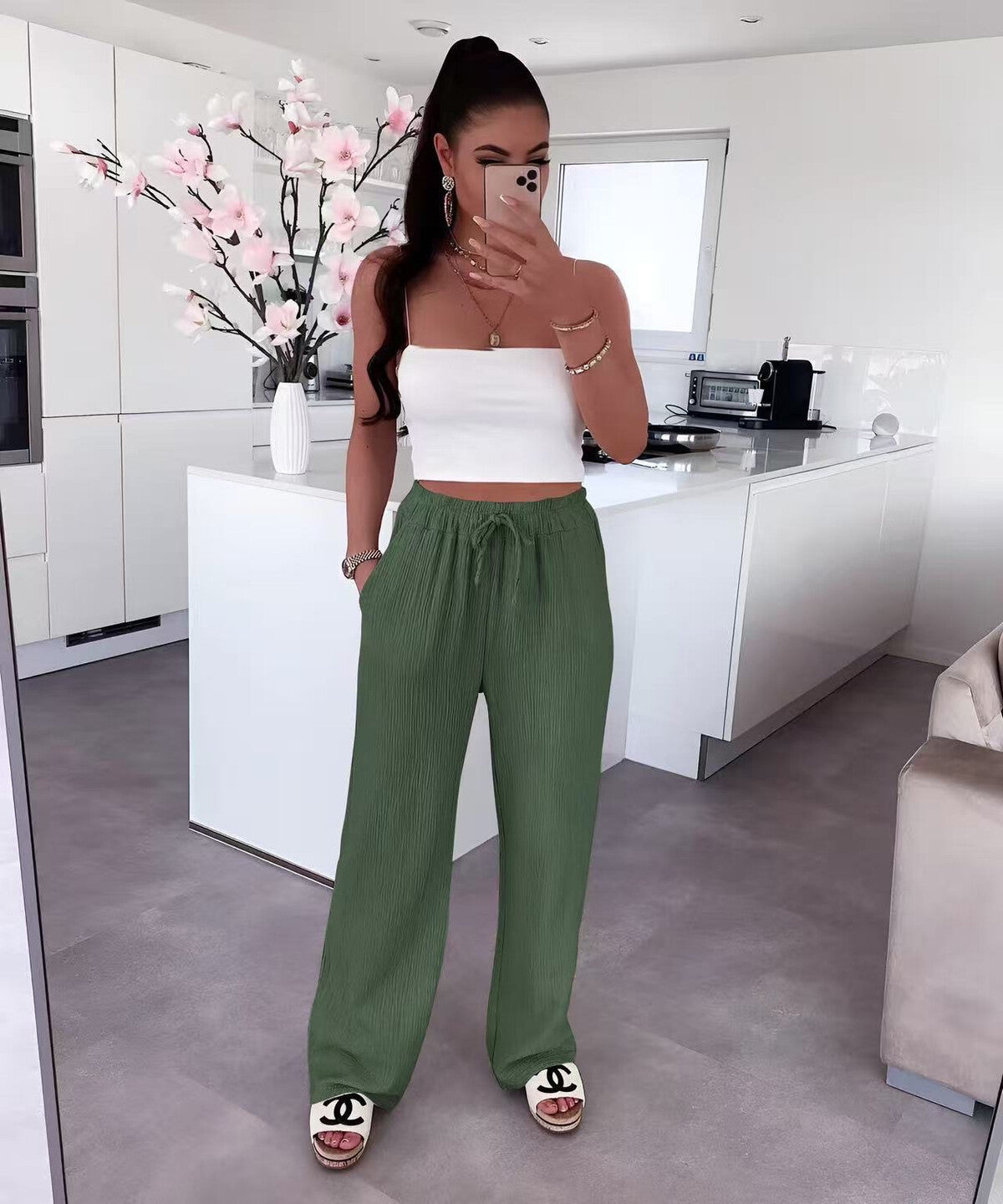 PANTALON DE GASA DE ALGODON CON CORDON Y CINTURA ELASTICA VERDE