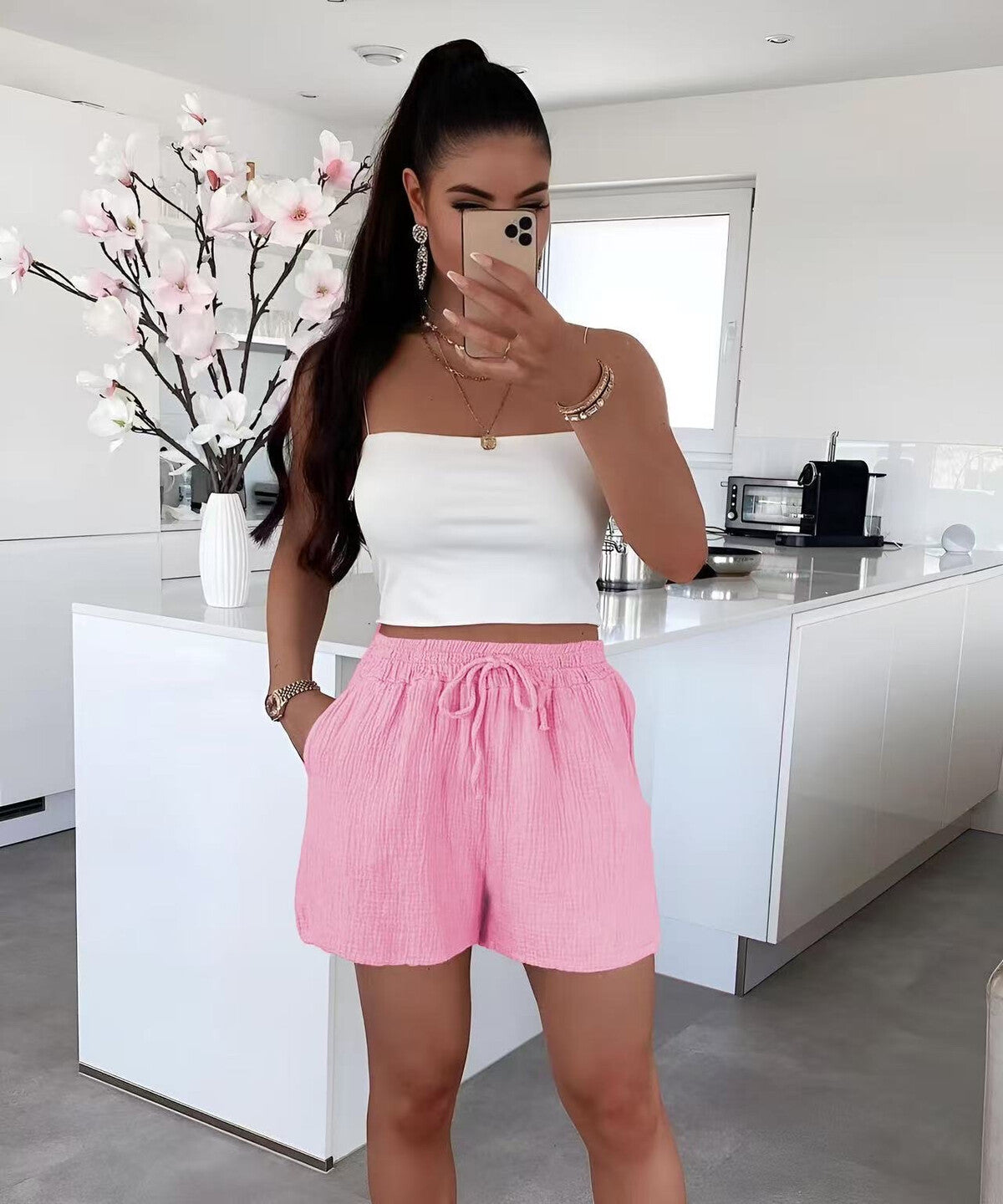 SHORT EN GASA DE ALGODON CON CORDON Y CINTURA ELASTICA ROSA