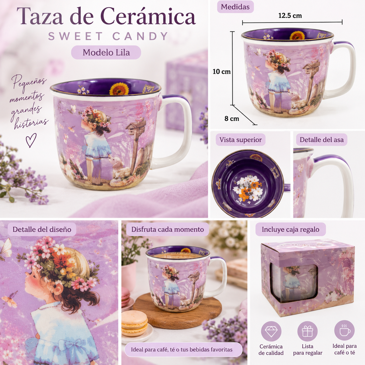 Taza Sweet Candy Lila de Cerámica – Chica y Perrito con Caja Regalo