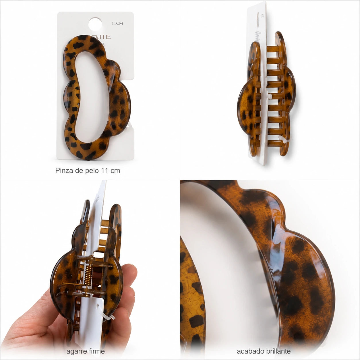 Pinza de pelo leopardo vista lateral y detalle del cierre