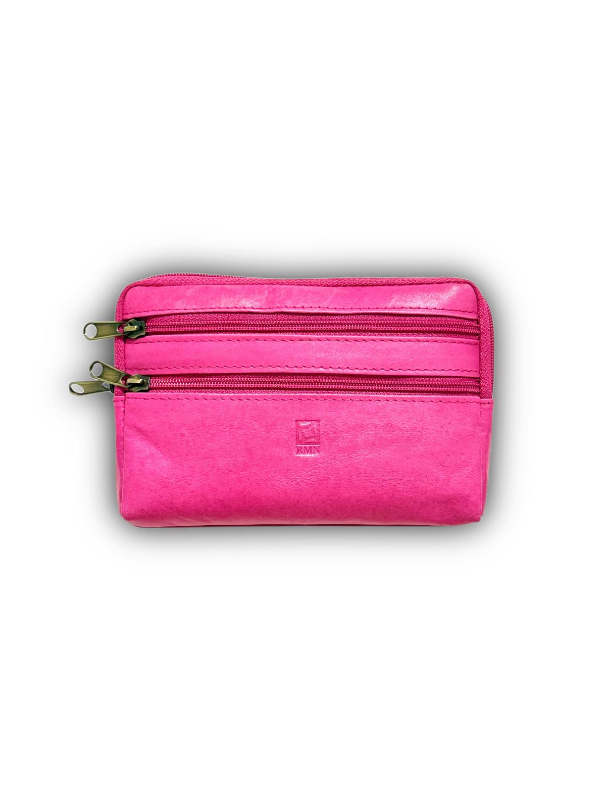 Monedero Tarjetero de Piel Cuatro Cremalleras – Fucsia Vibrante