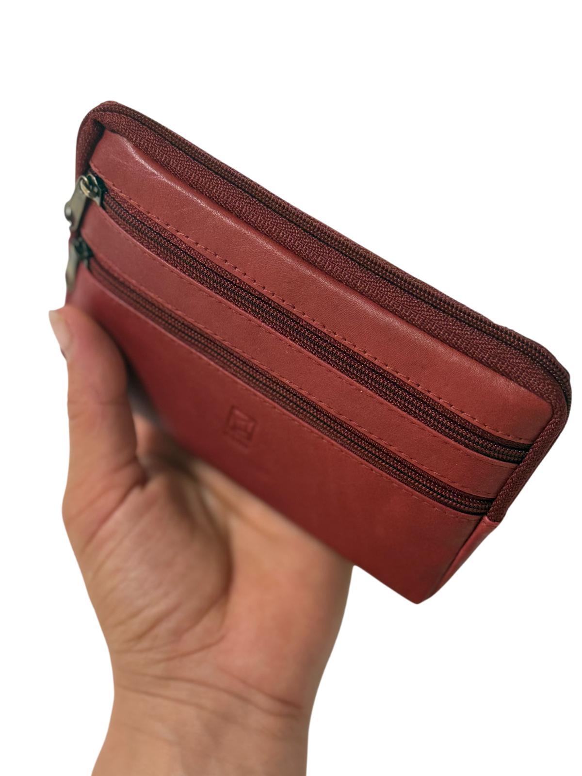 Monedero Tarjetero de Piel Cuatro Cremalleras – Burgundy / Borgoña