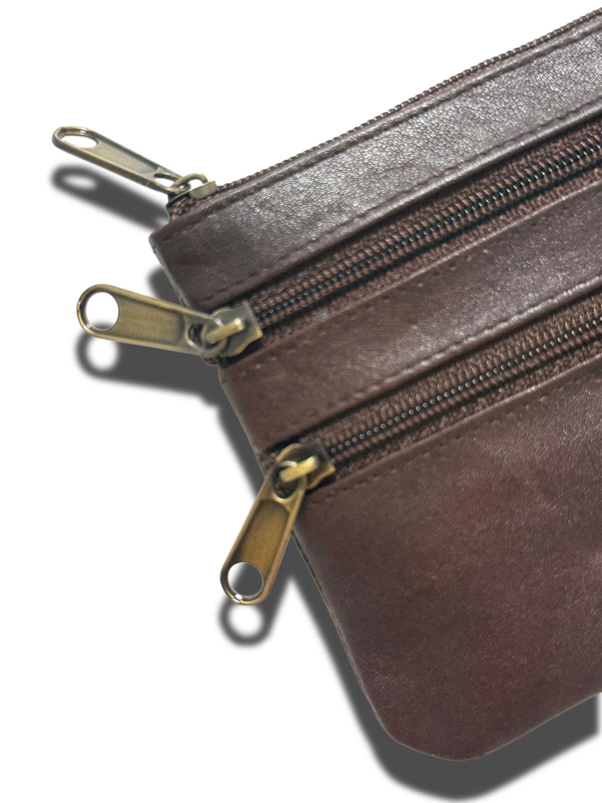Monedero Tarjetero de Piel Plano Cuatro Cremalleras – Marrón Chocolate