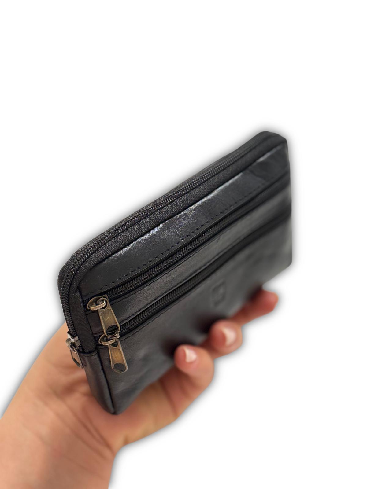Monedero Tarjetero de Piel Cuatro Cremalleras – Negro Intenso