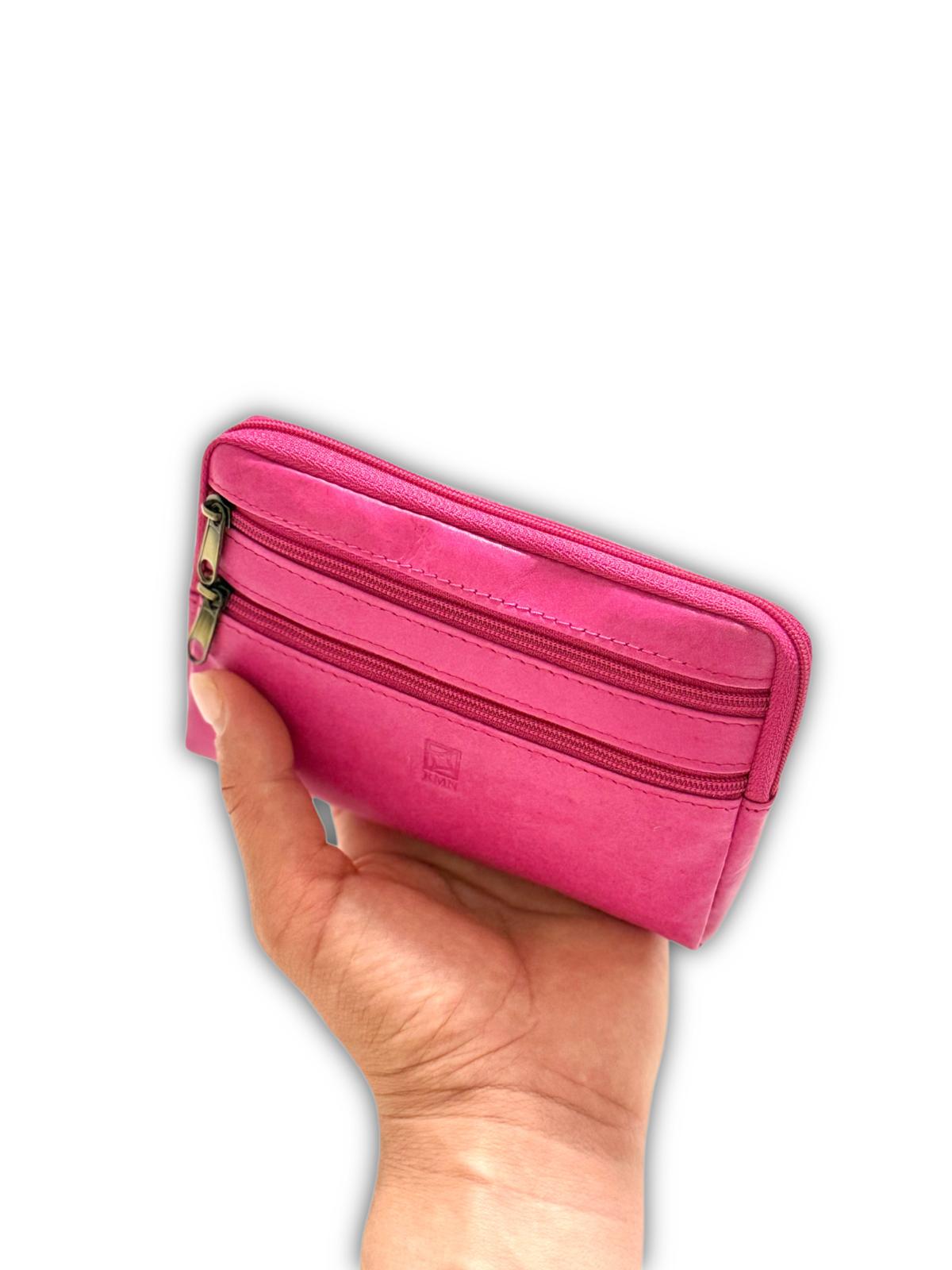 Monedero Tarjetero de Piel Cuatro Cremalleras – Fucsia Vibrante