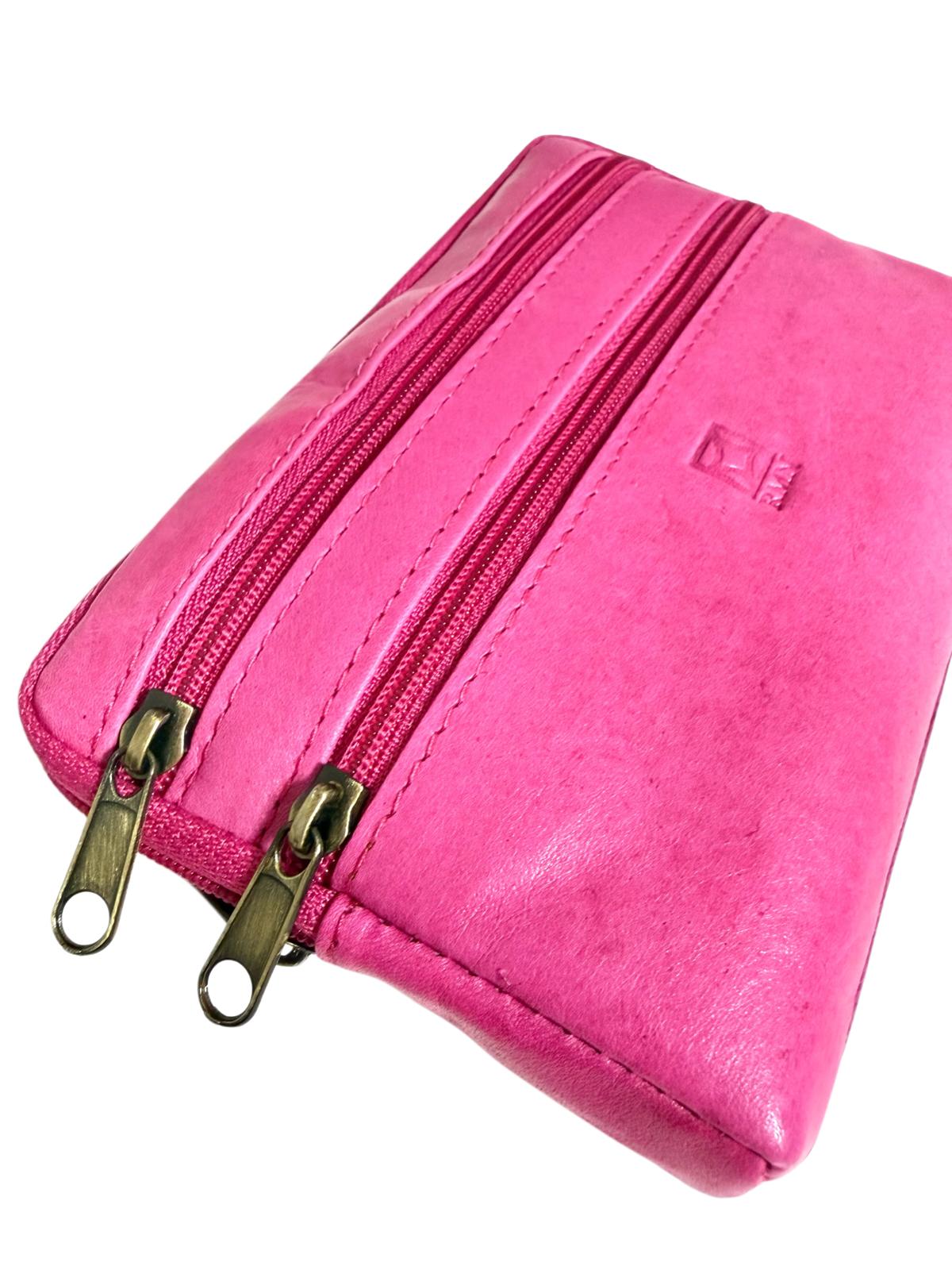 Monedero Tarjetero de Piel Cuatro Cremalleras – Fucsia Vibrante