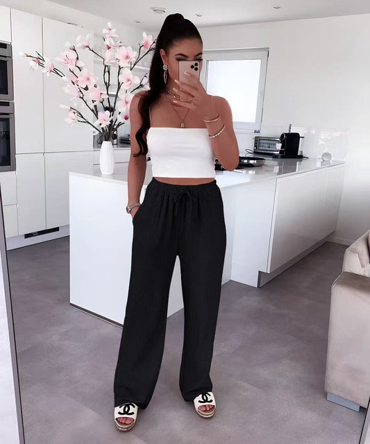 PANTALON DE GASA DE ALGODON CON CORDON Y CINTURA ELASTICA NEGRO