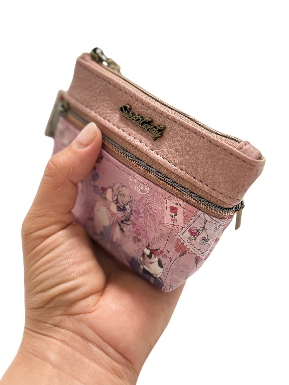 Monedero Llavero Sweet Candy Rosa con 3 Cremalleras | Portamonedas Mujer Compacto