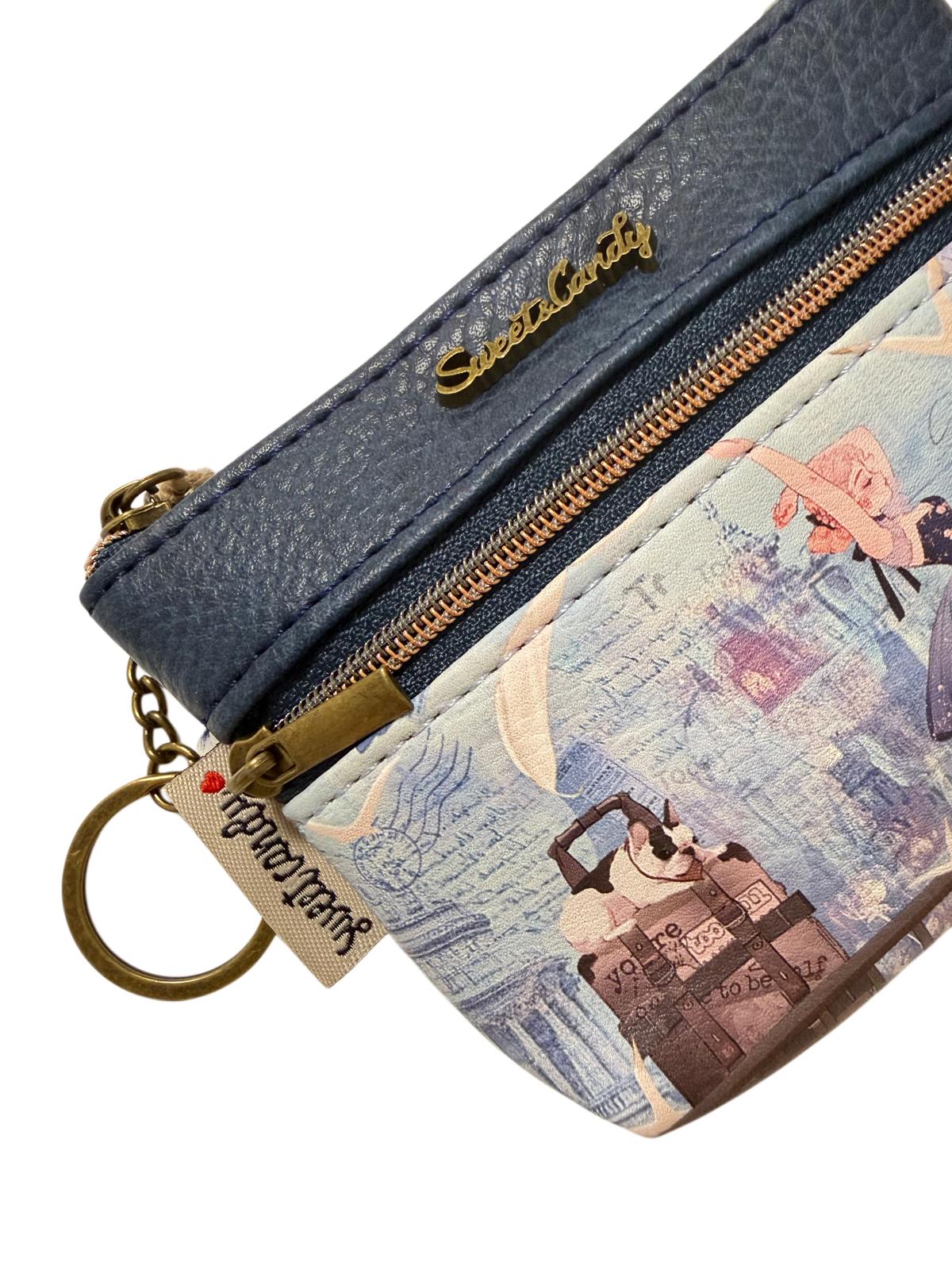 Monedero Llavero Sweet Candy Azul con 3 Cremalleras | Portamonedas Mujer Vintage