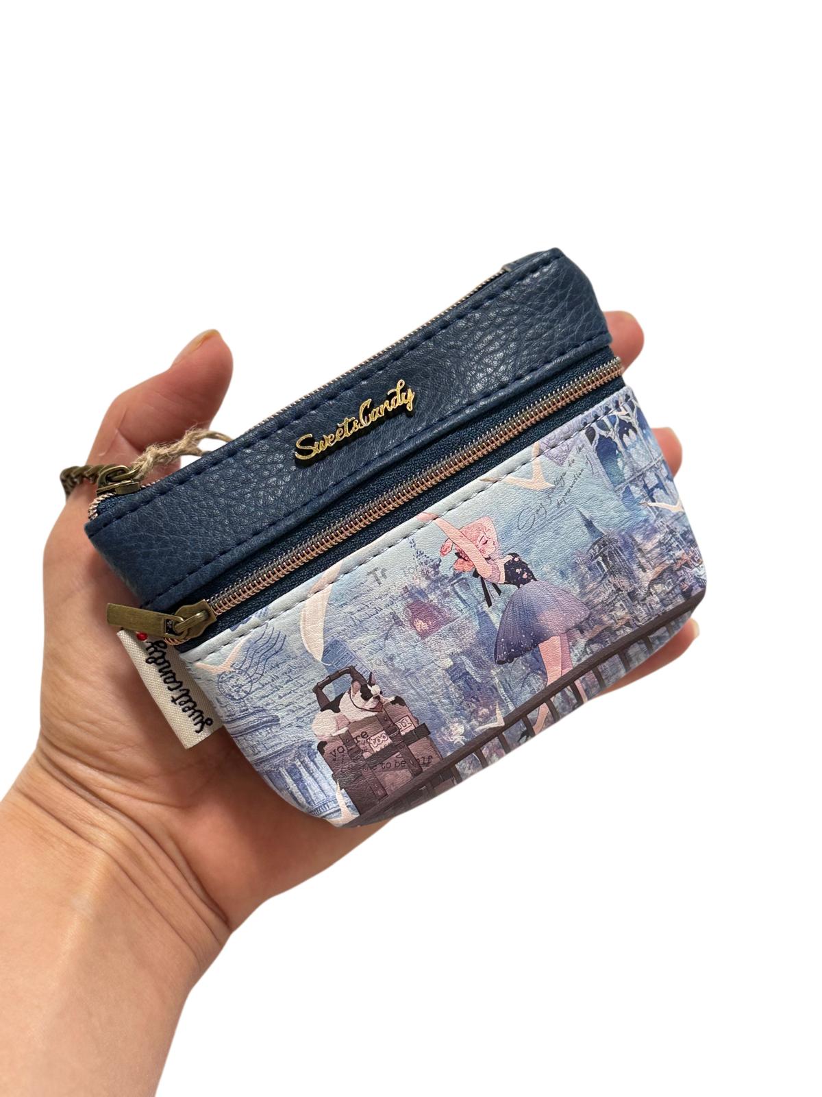 Monedero Llavero Sweet Candy Azul con 3 Cremalleras | Portamonedas Mujer Vintage