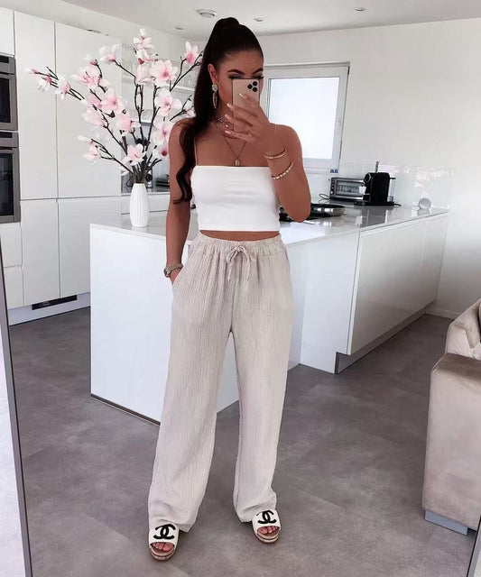 PANTALON DE GASA DE ALGODON CON CORDON Y CINTURA ELASTICA BEIGE