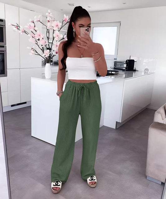 PANTALON DE GASA DE ALGODON CON CORDON Y CINTURA ELASTICA VERDE