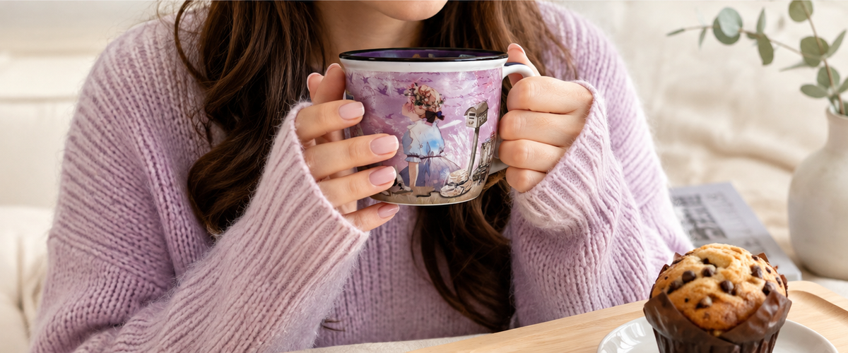 Taza Sweet Candy Lila de Cerámica – Chica y Perrito con Caja Regalo