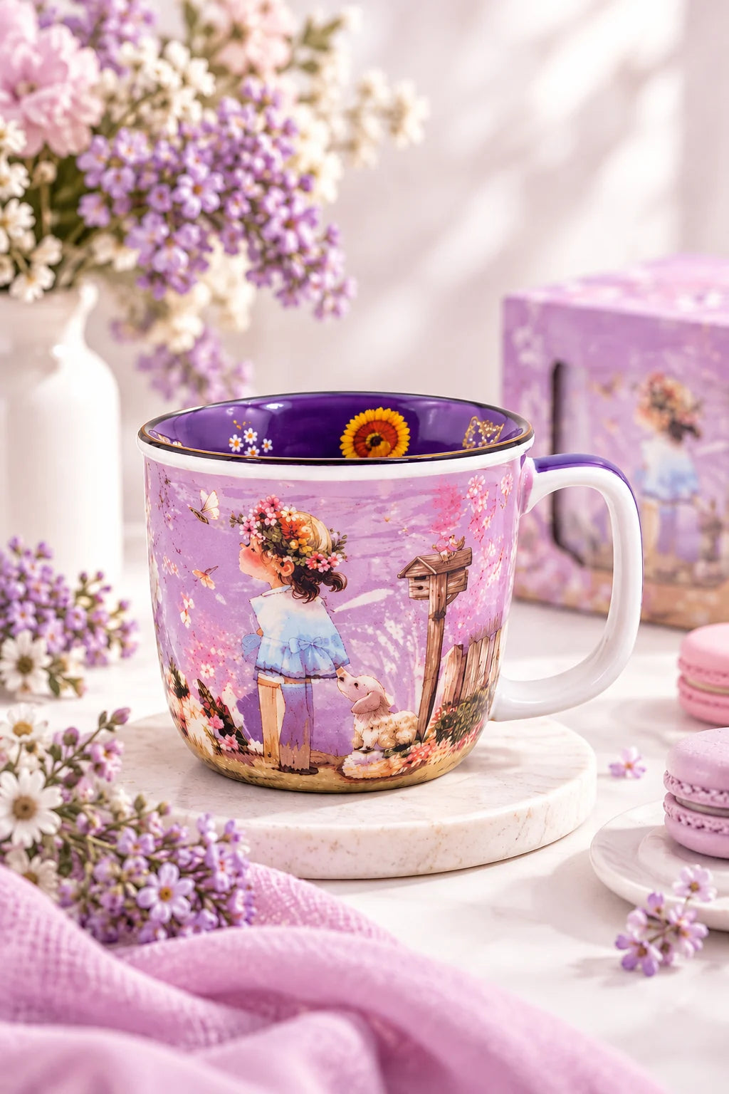 Taza Sweet Candy Lila de Cerámica – Chica y Perrito con Caja Regalo