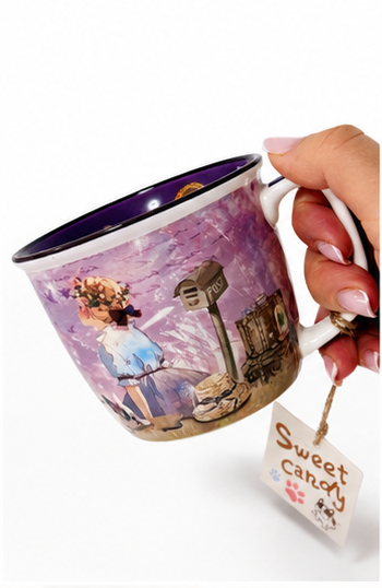 Taza Sweet Candy Lila de Cerámica – Chica y Perrito con Caja Regalo